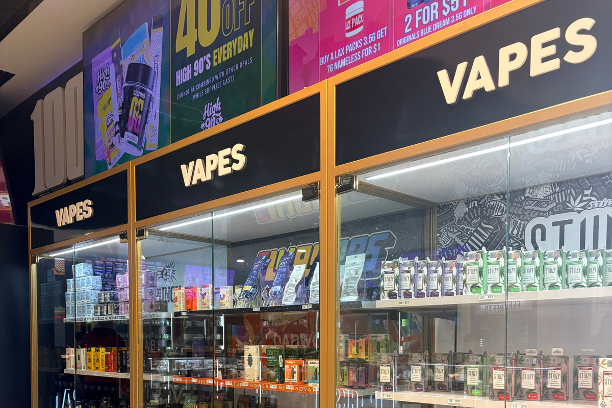 Glass cabinets filled with vape products