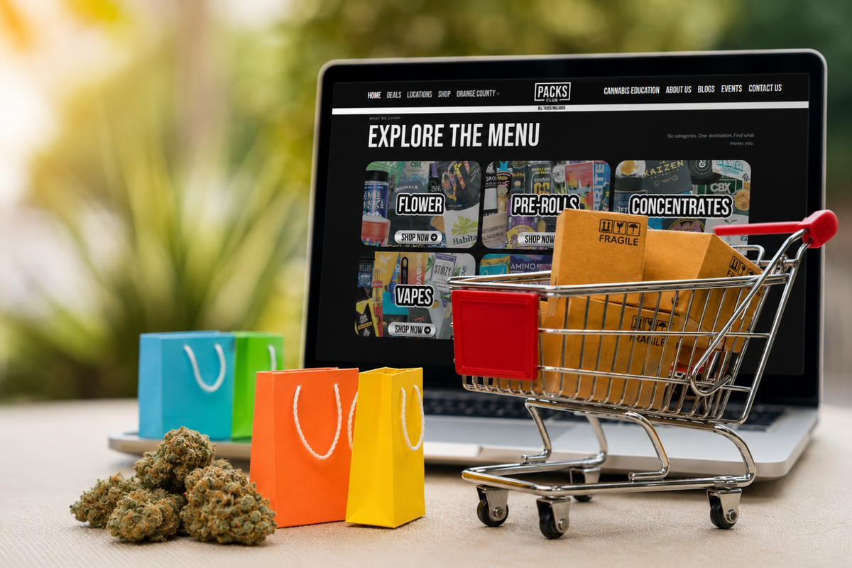 Laptop showing Packs Club menu with cannabis flowers and shopping cart for weed delivery.