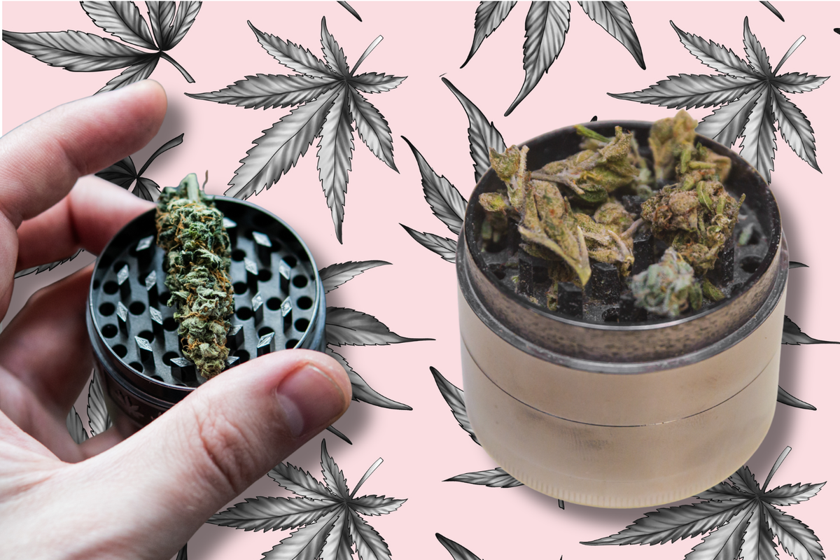 Hand holding a weed grinder next to a stainless steel grinder filled with cannabis flower.
