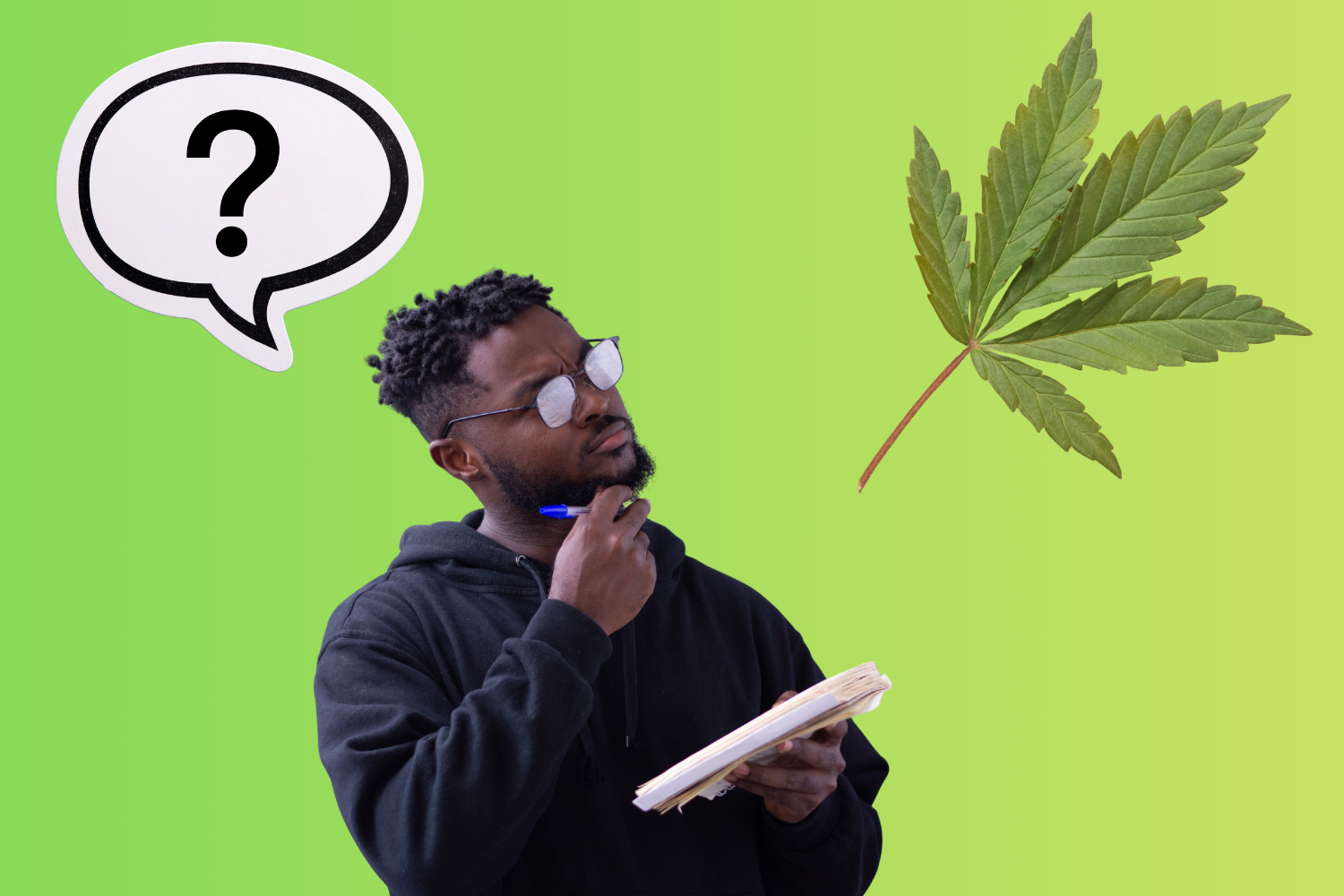 Person holding a notebook with a question bubble beside a cannabis leaf, representing a weed quiz for finding the best cannabis product match.