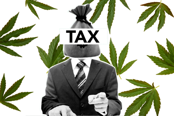 Collage artwork of a suited figure with a money bag labeled 'TAX' as the head, surrounded by cannabis leaves, symbolizing marijuana taxation at a weed shop in Los Angeles.