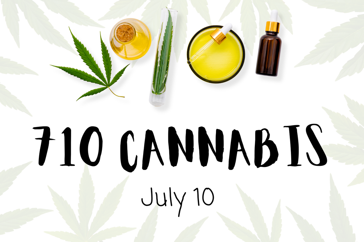 What is 710 cannabis oil culture with leaf, dropper bottles, and July 10 celebration graphic