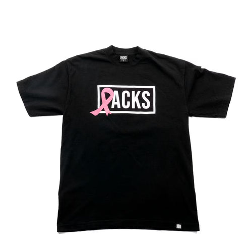 Black t-shirt with a pink ribbon and 'PACKS' logo on a white background